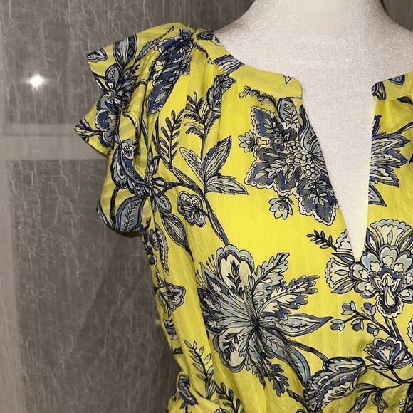 LOFT S Neon Yellow Blue White Floral Flutter Short Sleeve A-Line Belted Dress - Picture 5 of 10